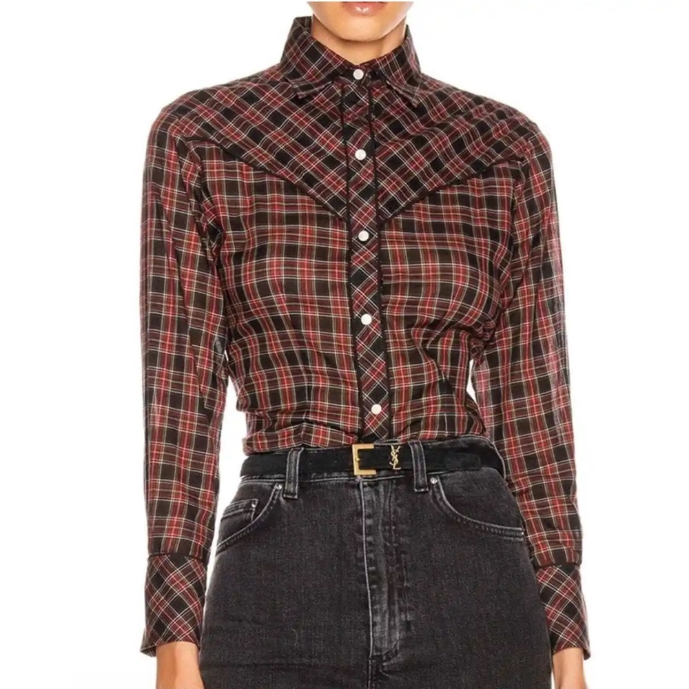Nili Lotan Women’s Ada Checked Plaid Cotton Voile Pearl Snap Shirt Western Rodeo